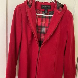 Centigrade cold weather long coat in red with plaid lining
